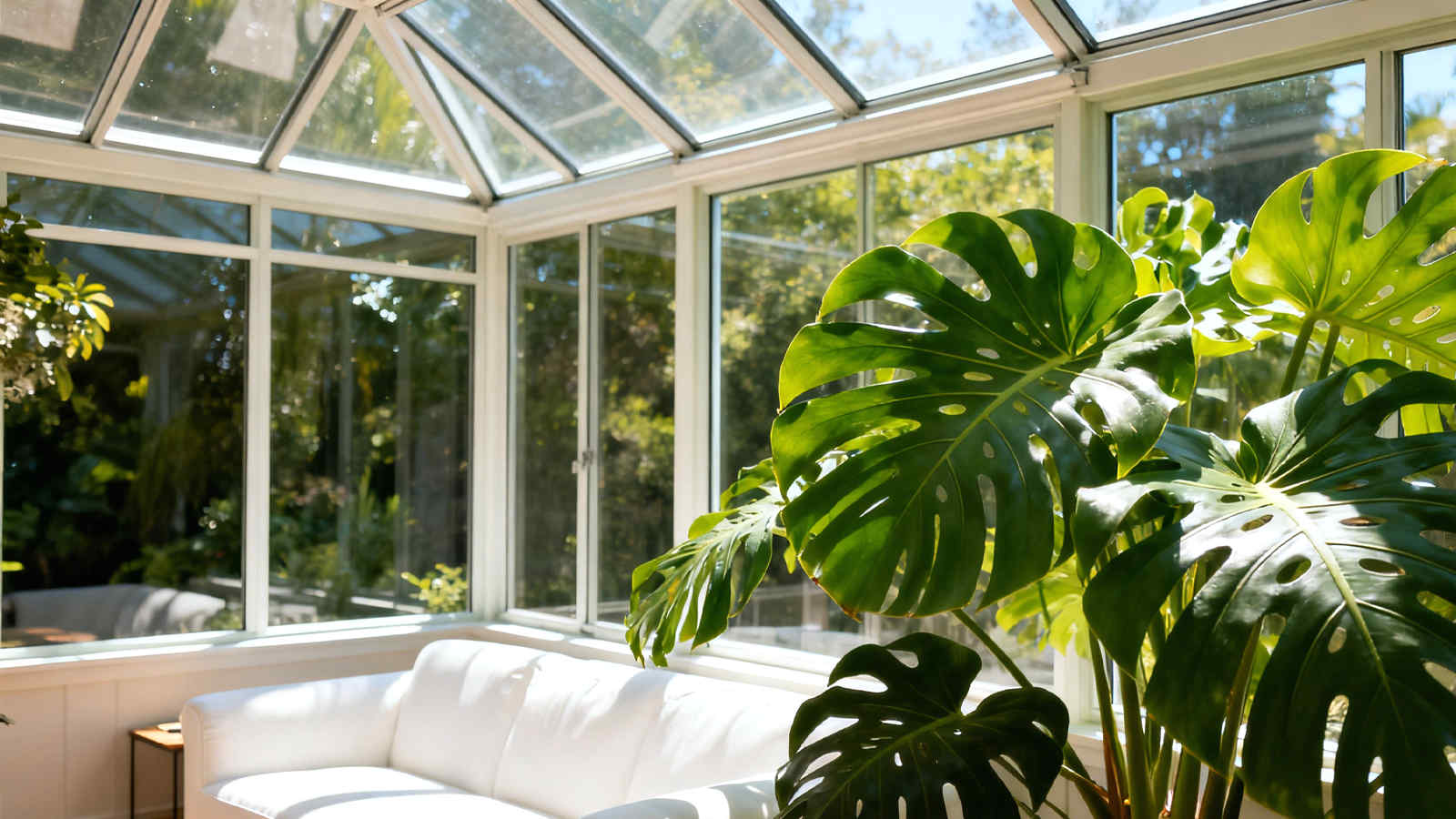 Sunroom interior on a hot summer day remains cool and comfortable with thriving green plants, demonstrating the effectiveness of high-performance sunroom glass panels in blocking solar heat.
